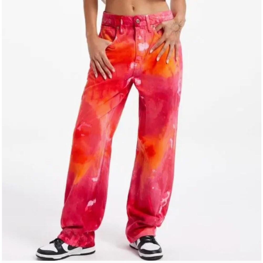 Good American Tie Dye Loose Fit Jeans Pink Orange Baggy Denim 26